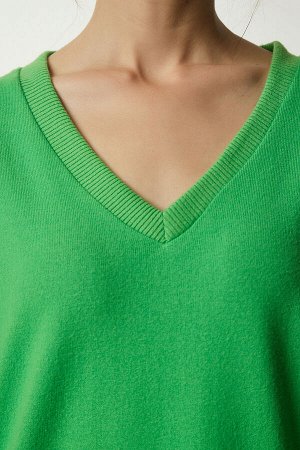 Женский светло-зеленый мягкий вязаный свитер с v-образным вырезом UB00197
