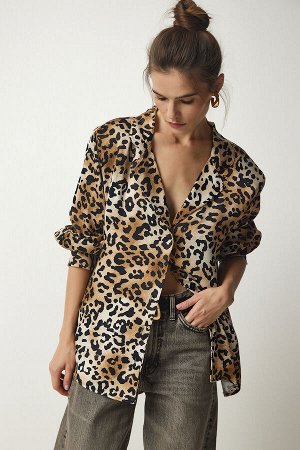 Женская коричневая атласная тканая рубашка с узором UL00010
