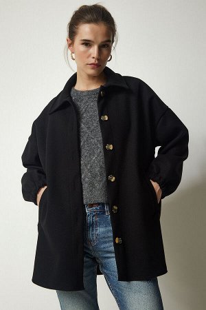 Женская черная куртка-рубашка оверсайз с карманами и пуговицами DD01263