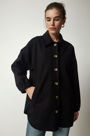 Женская черная куртка-рубашка оверсайз с карманами и пуговицами DD01263