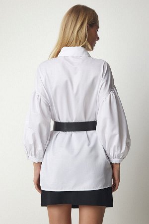Женская белая атласная тканая рубашка с поясом FN03110