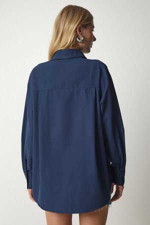 Женская темно-синяя поплиновая рубашка-бойфренд с одним карманом CY00014