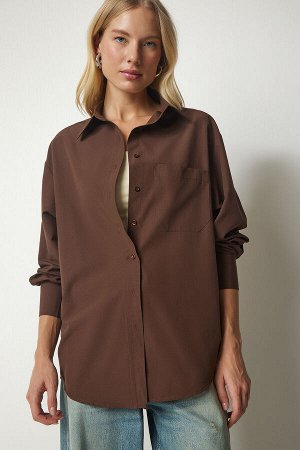 Женская коричневая поплиновая рубашка-бойфренд с одним карманом CY00014