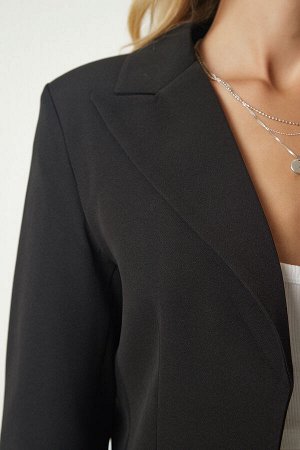 happinessistanbul Женский черный двубортный пиджак с воротником WF00049