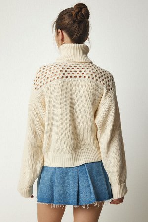 Женский кремовый свитер с воротником ажурного трикотажа CI00090