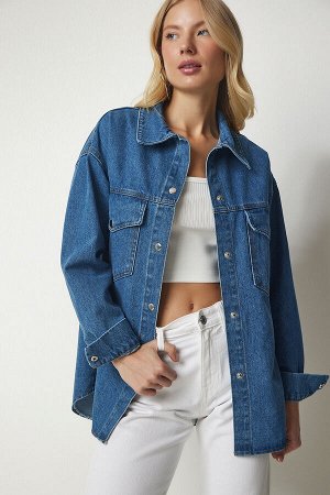 Женская синяя джинсовая куртка оверсайз с карманами DD01259