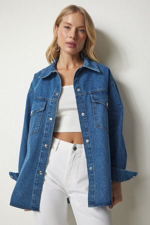Женская синяя джинсовая куртка оверсайз с карманами DD01259