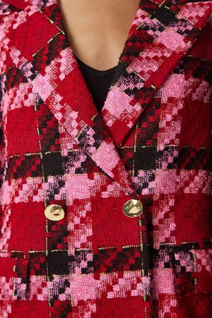 Женская красно-розовая стильная тканая куртка с двубортным воротником и рисунком WF00056
