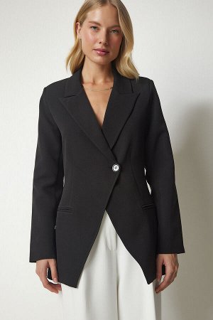 Женский черный двубортный пиджак на одной пуговице с воротником WF00054
