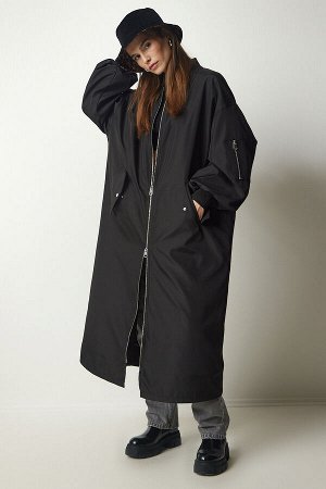 Женское черное длинное пальто-бомбер с деталями на молнии FN03135