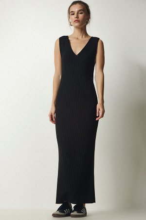 Женское черное трикотажное платье-свитер в рубчик KG00006