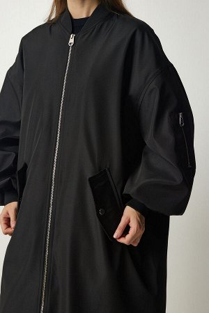 Женское черное длинное пальто-бомбер с деталями на молнии FN03135