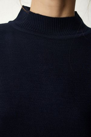 Женское темно-синее вязаное платье-свитер на шнуровке KG00006