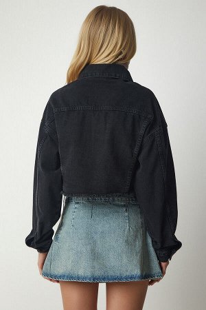 happinessistanbul Женская черная укороченная джинсовая куртка с кисточками OK00059
