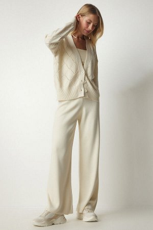 Женский комплект брюк-кардигана кремового цвета из трикотажа DP00188