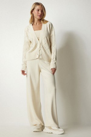 Женский комплект брюк-кардигана кремового цвета из трикотажа DP00188
