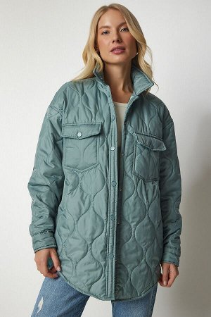 Женское стеганое пальто оверсайз с застежкой-молнией зеленого цвета dz00102