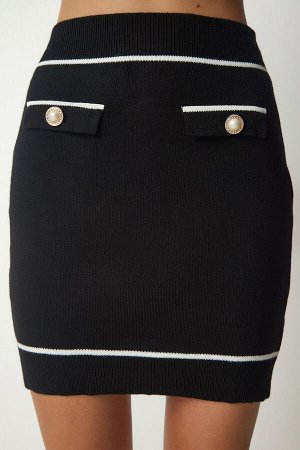 Женский черный стильный вязаный кардиган с пуговицами, костюм с юбкой YY00175