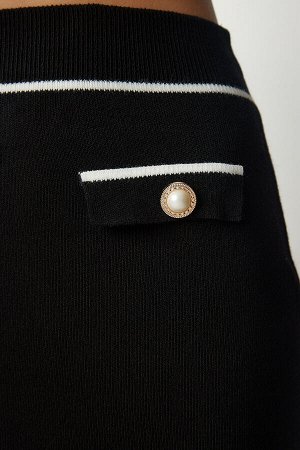 Женский черный стильный вязаный кардиган с пуговицами, костюм с юбкой YY00175
