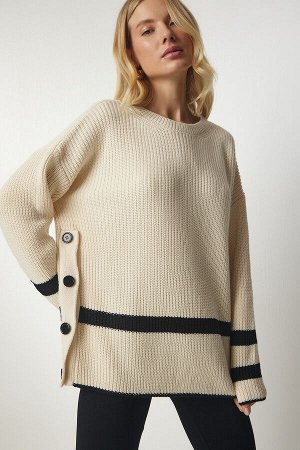 Женский кремовый трикотажный свитер с пуговицами MX00139