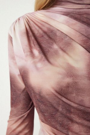 Женская пудровая драпированная блузка песочного цвета с высоким воротником FF00138