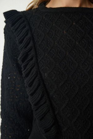 Женский черный ажурный вязаный свитер с рюшами YY00169