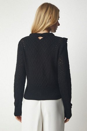 Женский черный ажурный вязаный свитер с рюшами YY00169