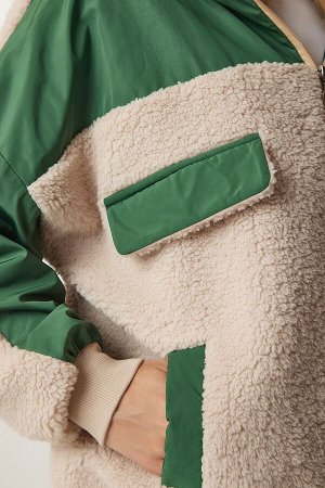 Женское флисовое стеганое пальто с капюшоном бежево-зеленого цвета DZ00093