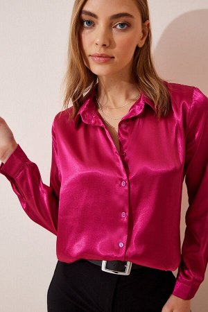 Женская темно-розовая рубашка из атласа с легкой драпировкой DD00990