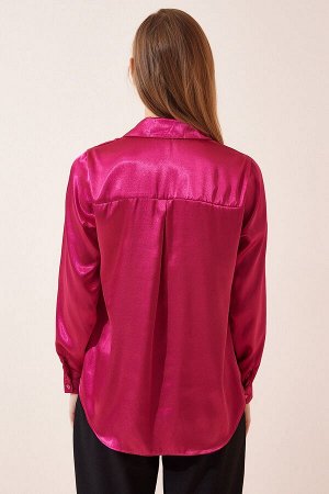 Женская темно-розовая рубашка из атласа с легкой драпировкой DD00990