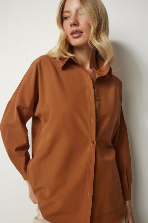 Женская коричневая длинная базовая рубашка оверсайз DD00842