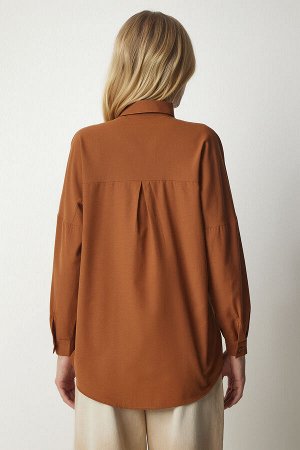 Женская коричневая длинная базовая рубашка оверсайз DD00842