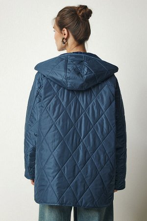 Женское стеганое пальто оверсайз цвета индиго синего цвета с капюшоном FN02905
