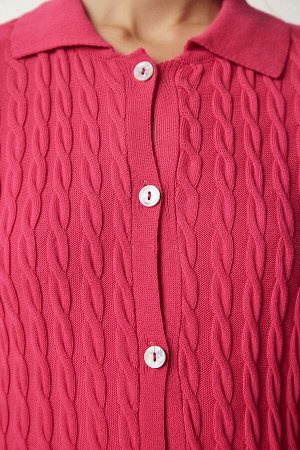 Розовый женский вязаный трикотажный кардиган с воротником-поло FN03117