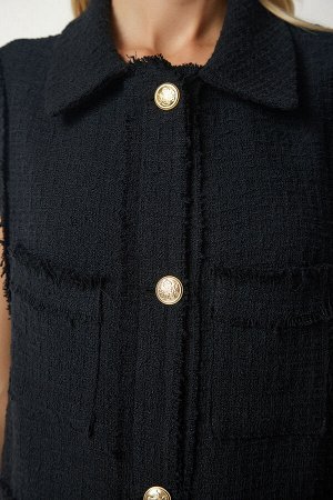 Женский черный текстурированный жилет в полоску с кисточками WF00050