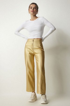 Женские брюки-морковка желтого цвета с эффектом металлик UL00012