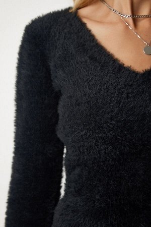 Женский черный вязаный свитер с v-образным вырезом и бородой NF00072