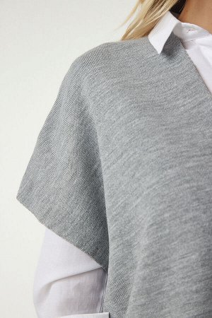 Женский серый длинный трикотажный жилет с карманами большого размера MX00147