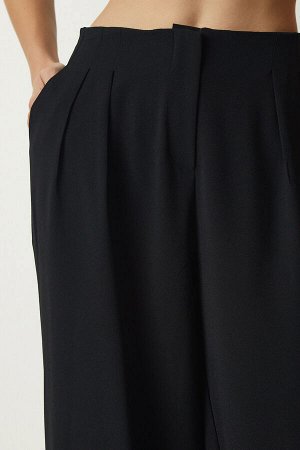 Женские черные брюки палаццо со складками UL00013
