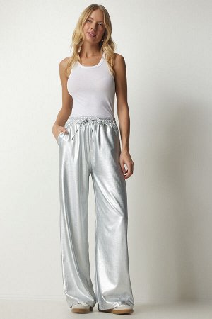 Женские блестящие брюки-палаццо серого цвета с карманами металлик CR00417