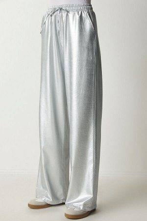 Женские блестящие брюки-палаццо серого цвета с карманами металлик CR00417