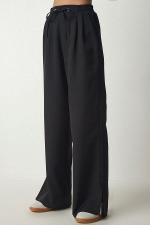 Женские черные спортивные брюки со складками и разрезами DW00002