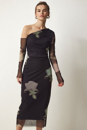 Женское черное шифоновое платье на одно плечо с рисунком DP00192