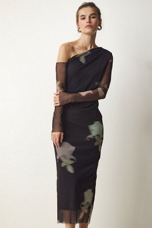 Женское черное шифоновое платье на одно плечо с рисунком DP00192