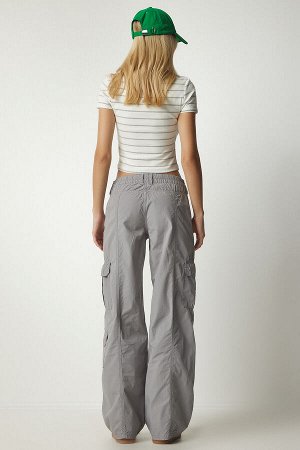 Женские серые узкие брюки-карго с карманами UT00004