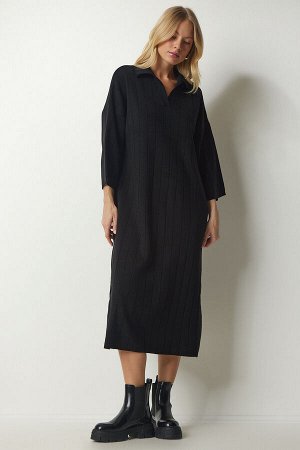 Женское черное трикотажное платье с воротником поло большого размера YY00178
