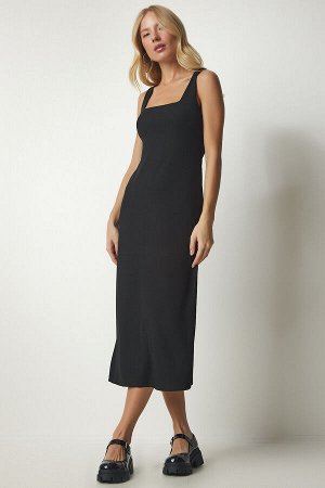 Женское вельветовое трикотажное платье с черным ремешком и квадратным воротником MC00214
