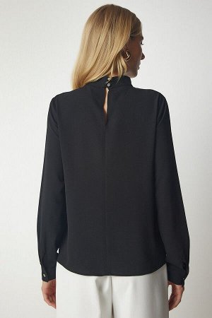Женская черная креповая блузка с глубоким вырезом и глубоким вырезом UB00155
