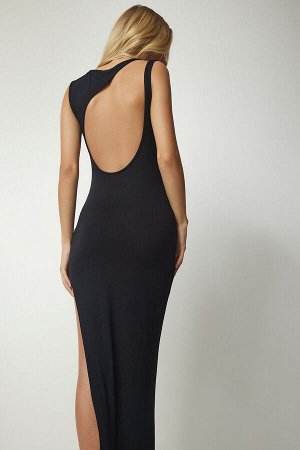 Женское черное длинное вискозное платье с разрезом на спине и разрезом fn03109