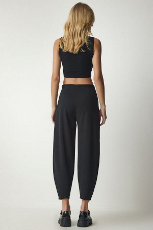 Женские черные удобные тканые брюки-шалвар MS00014